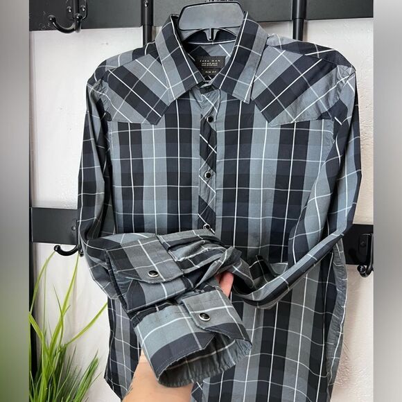 Zara Man plaid button down shirt Navy Grey slim fit size XL - Picture 3 of 16